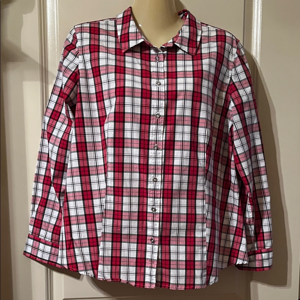 Talbots Cute Ladies Plaid Long Sleeve - Red, White, & Black, Size 16P